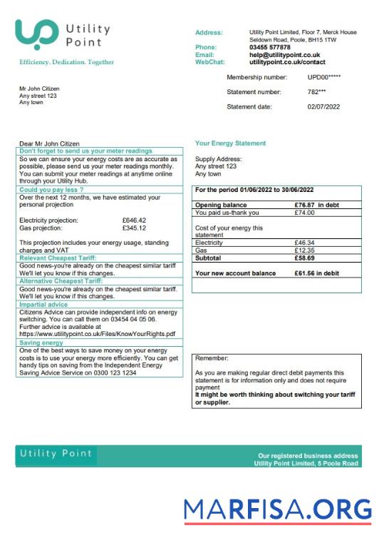 Downloadable United Kingdom Utility Point utility bill template in Word and PDF format